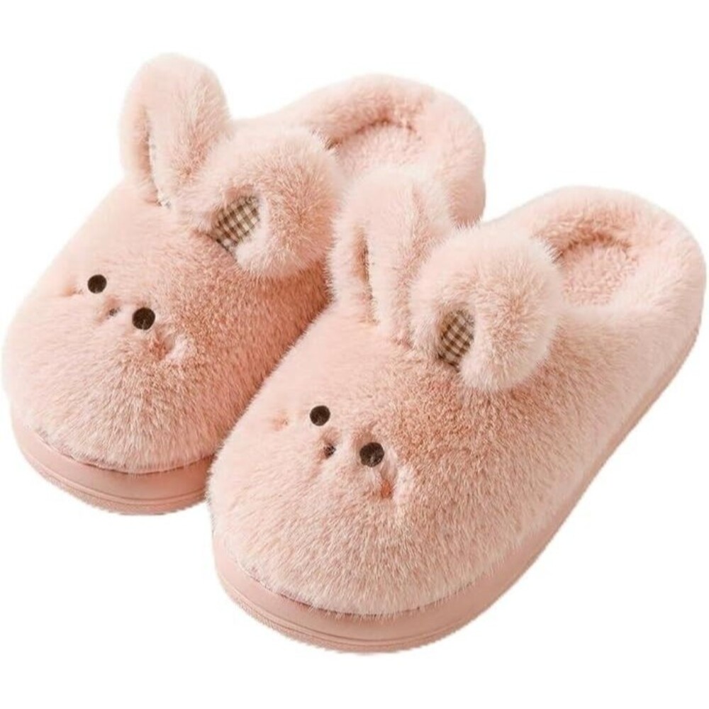 Pink Bunny Slippers Women Plush Rabbit House Shoes Warm Cozy Closed Toe Indoor